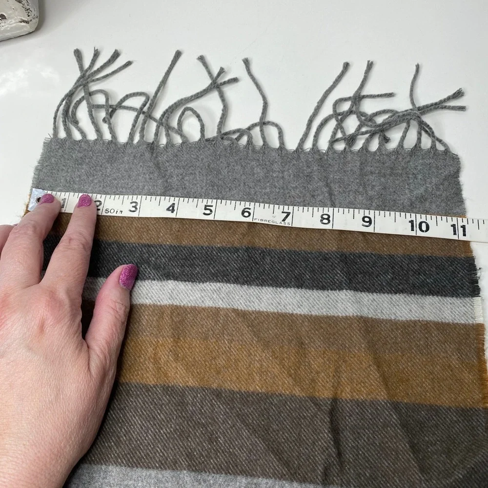 Striped Acrylic Scarf Shawl Fringed Tan Brown Grey White Made in Germany Unisex‎